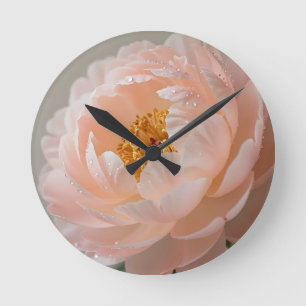 Soft Pink Peony with Dewdrops Round Clock