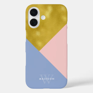 Soft Pink Periwinkle and Faux Gold Monogrammed iPhone 16 Case