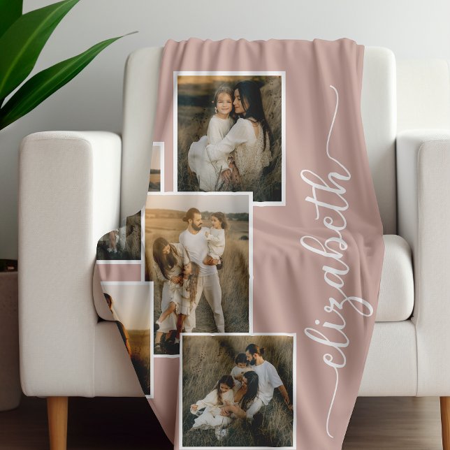 Soft Pink Personalised With Name 5 Photo Collage  Fleece Blanket (Creator Uploaded)