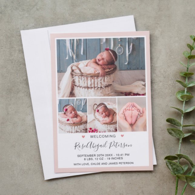 Soft Pink Photo Welcoming Newborn Baby Girl Birth Announcement (Creator Uploaded)