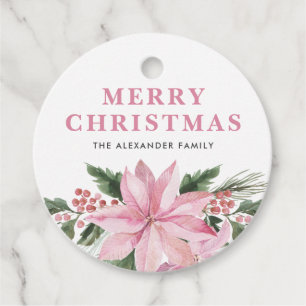 Soft Pink Poinsettia and Winter Berries Christmas Favour Tags