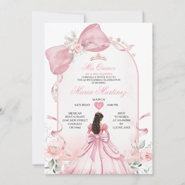 Soft Pink Princess Dress Floral Pearl Mis Quince Invitation (Front)