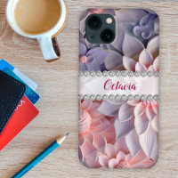 Soft pink & purple 3D flowers, diamond frame