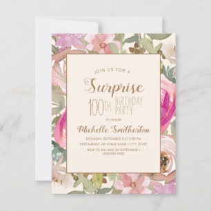 Soft Pink Purple Floral Surprise 100th Birthday Invitation