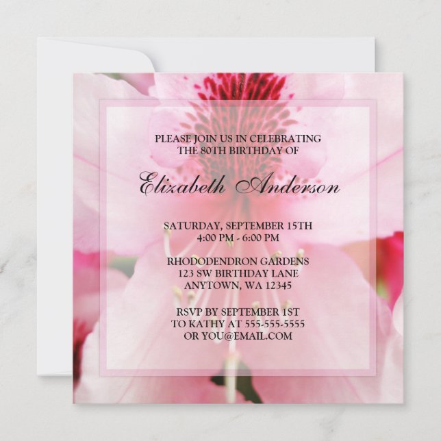 Soft Pink Rhododendron Flowers 80th Birthday Party Invitation (Front)