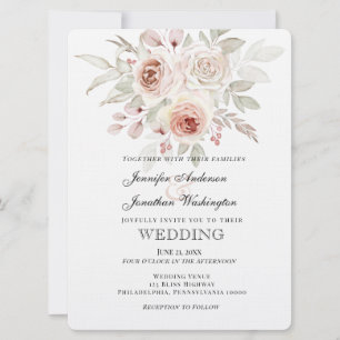 Soft Pink Romantic Rose on White Wedding Invitation