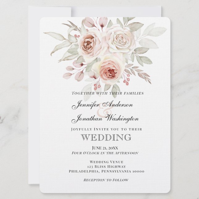 Soft Pink Romantic Rose on White Wedding Invitation (Front)