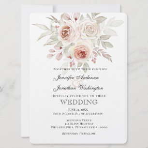 Soft Pink Romantic Rose on White Wedding Invitation