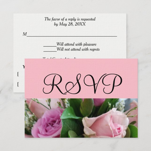 Soft Pink Rose Bouquet Silver Wedding RSVP Card (Front/Back)