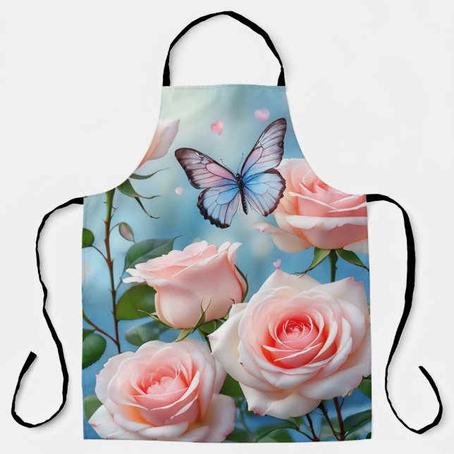 Soft Pink Rose Flower Blue Butterfly Apron (Front)