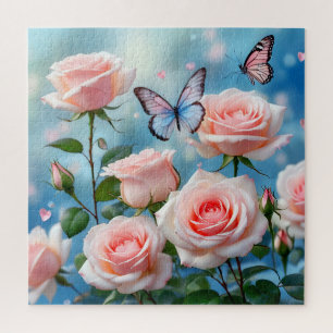 Soft Pink Rose Flower Blue Butterfly Jigsaw Puzzle