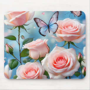 Soft Pink Rose Flower Blue Butterfly Mouse Mat