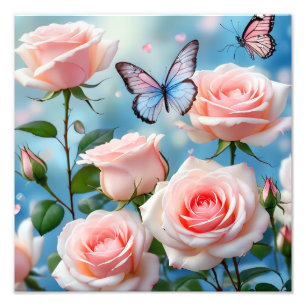 Soft Pink Rose Flower Blue Butterfly Photo Print