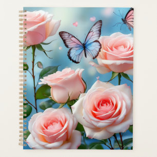 Soft Pink Rose Flower Blue Butterfly Planner