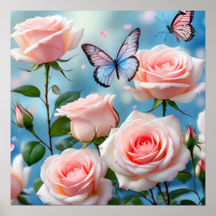 Soft Pink Rose Flower Blue Butterfly Poster