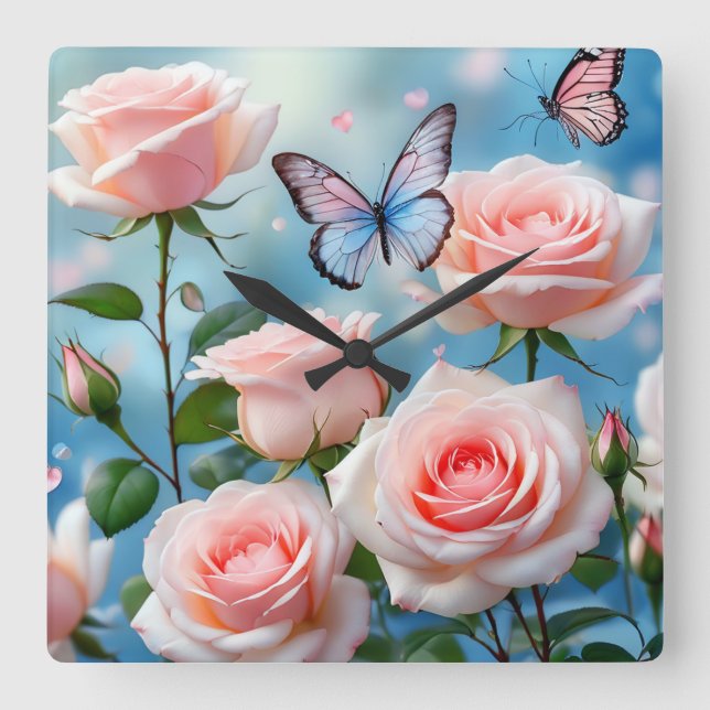 Soft Pink Rose Flower Blue Butterfly Square Wall Clock (Front)