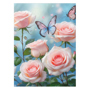 Soft Pink Rose Flower Blue Butterfly Tablecloth