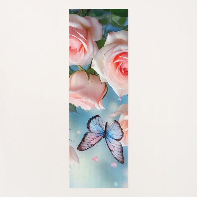 Soft Pink Rose Flower Blue Butterfly Yoga Mat (Front)