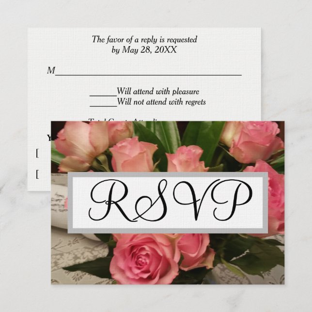 Soft Pink Rose Flowers Silver Wedding RSVP (Front/Back)