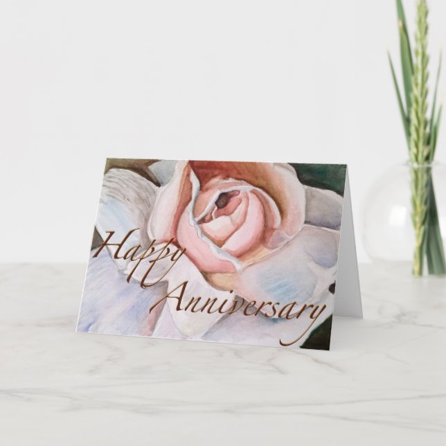 Soft Pink Rose in Watercolor Anniversary Card (Front)