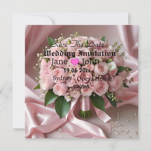 Soft Pink Rose Wedding Bouquet, Save The Date (Front)