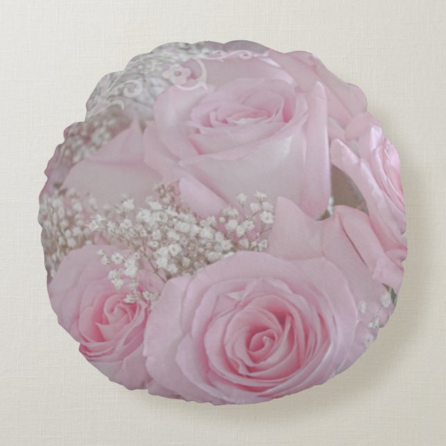 Soft Pink Roses and Baby's Breath Round Cushion (Front)