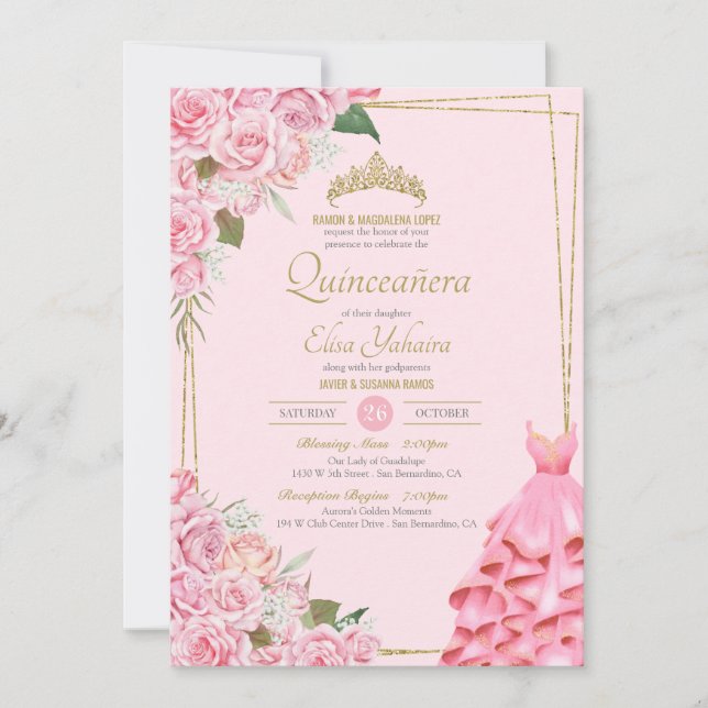 Soft Pink Roses Blush and Gold Floral Quinceanera  Invitation (Front)