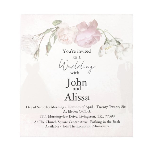 Soft Pink Roses & Bride and Groom Collection Notepad (Front)