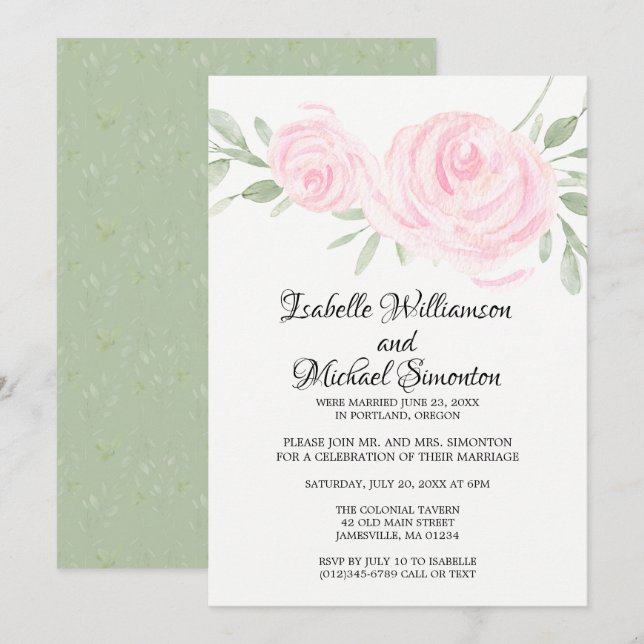 Soft Pink Roses Elopement Reception Invitation (Front/Back)