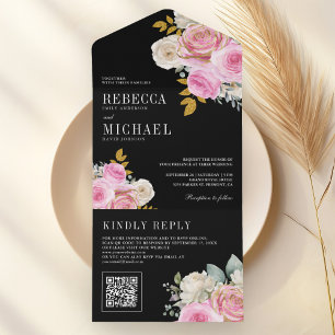 Soft Pink Roses Floral QR Code Black Wedding All In One Invitation