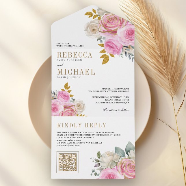 Soft Pink Roses Floral QR Code Wedding All In One Invitation (Creator Uploaded)