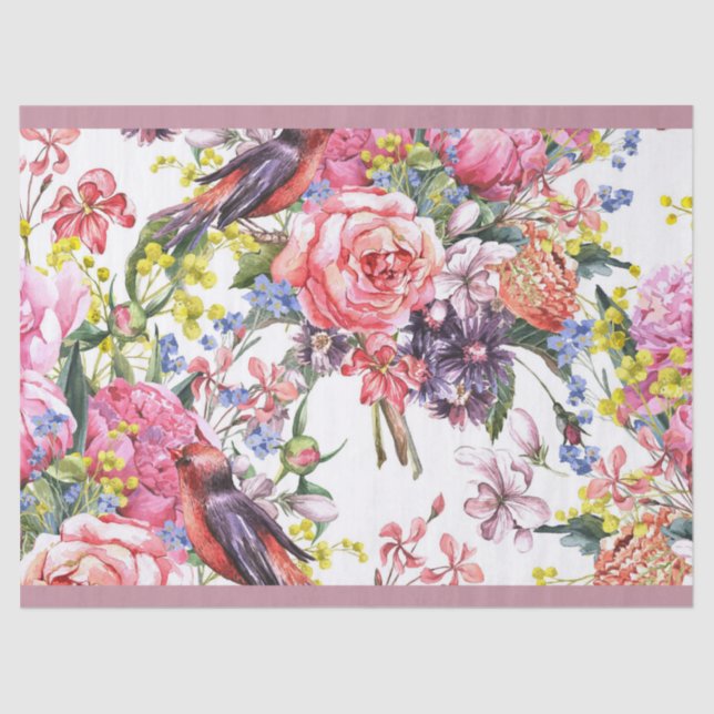 Soft Pink Roses & Flowers Design Decoupage Tissue Paper (Front)