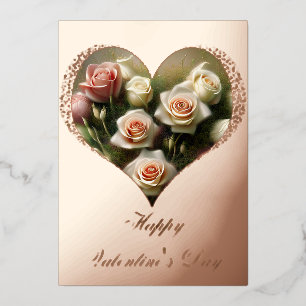 Soft pink roses heart bouquet valentine  foil holiday card