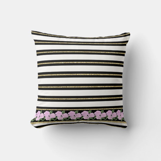 Soft Pink Roses on Black, White, Gold Cushion (Front)