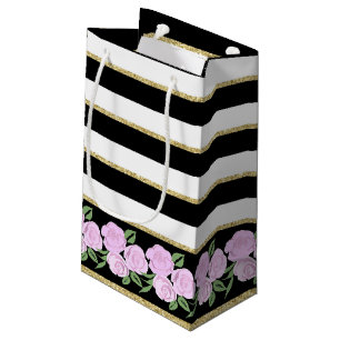 Soft Pink Roses on Black, White, Gold Gift Bag