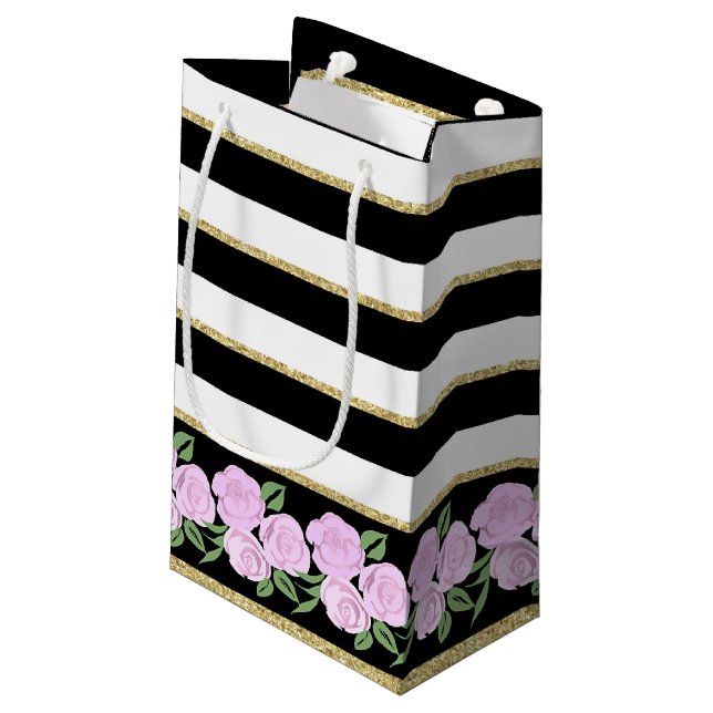 Soft Pink Roses on Black, White, Gold Gift Bag (Back Angled)