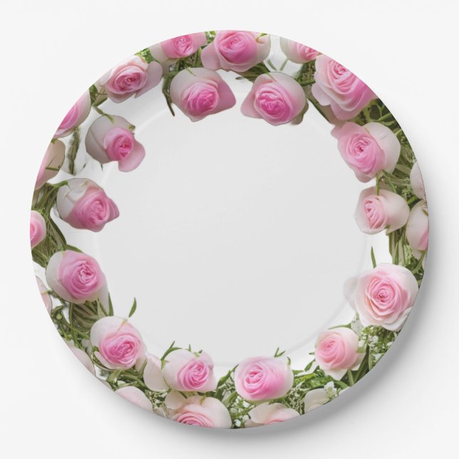 Soft Pink Roses Plates , 9" Round Paper Plate (Front)