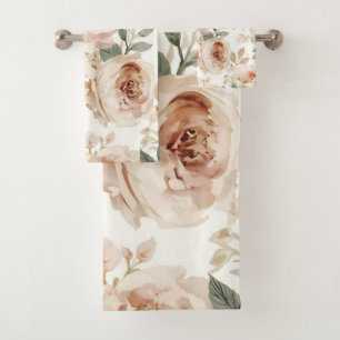 Soft Pink Roses Watercolor Floral Print Botanical Bath Towel Set