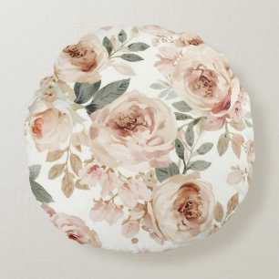 Soft Pink Roses Watercolor Floral Print Botanical Round Cushion