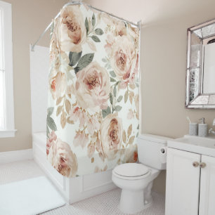 Soft Pink Roses Watercolor Floral Print Botanical Shower Curtain