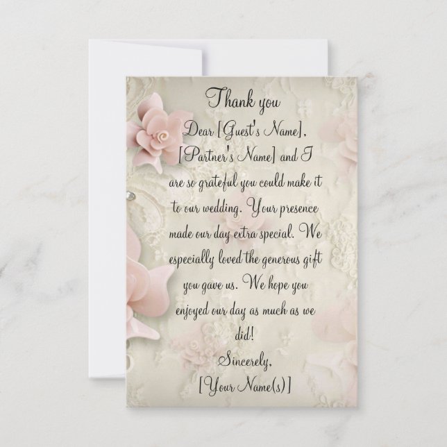 Soft Pink Roses Wedding Thank You Note Cards (Front)