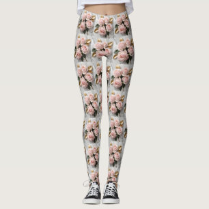 Soft Pink Roses With Delicate Golden Leaves Leggings