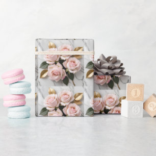 Soft Pink Roses With Delicate Golden Leaves Wrapping Paper