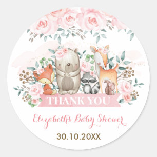 Soft Pink Roses Woodland Forest Animals Thank You Classic Round Sticker