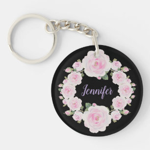 Soft Pink Roses Wreath Name Round Acrylic Keychain
