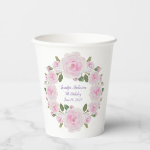 Soft Pink Roses Wreath Name Text Paper Cups Party