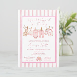 Soft Pink Rustic Hanging Clothesline Baby Shower Invitation