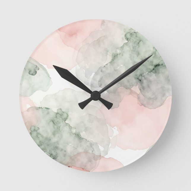 Soft Pink Sage Green Watercolor Abstract Pattern Round Clock (Front)