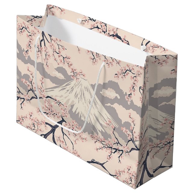 Soft Pink Sakura Mount Fuji Scenic Pattern Large Gift Bag (Front Angled)