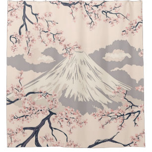 Soft Pink Sakura Mount Fuji Scenic Pattern Shower Curtain